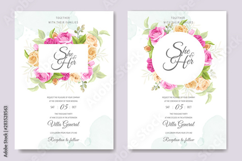Fototapeta Naklejka Na Ścianę i Meble -  wedding invitation card with beautiful floral and leaves template