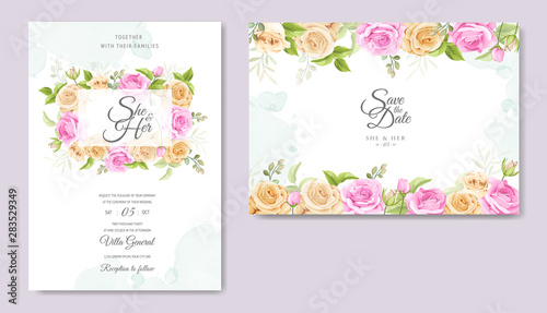 wedding invitation card with beautiful floral and leaves template