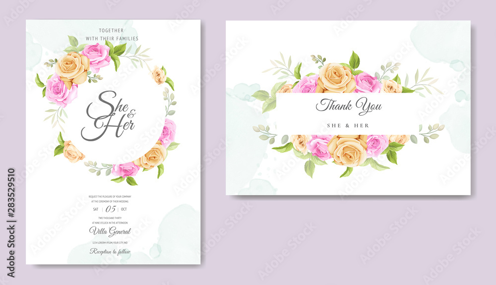wedding invitation card with beautiful floral and leaves template