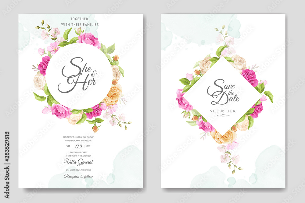 wedding invitation card with beautiful floral and leaves template