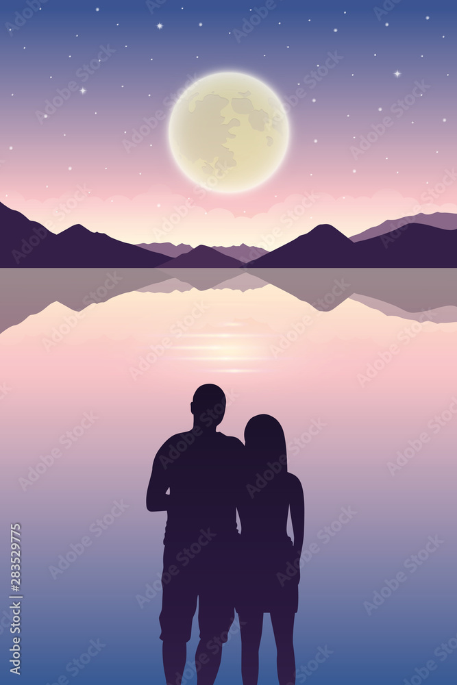 romantic night couple in love at the sea with full moon and starry sky vector illustration EPS10