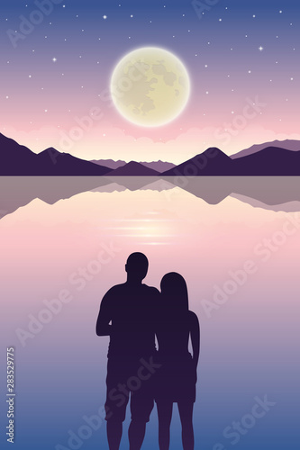 romantic night couple in love at the sea with full moon and starry sky vector illustration EPS10