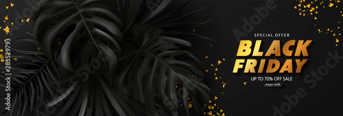 Black friday sale background with tropical leaves. Modern luxury design.Universal vector background for poster, banners, flyers, card.