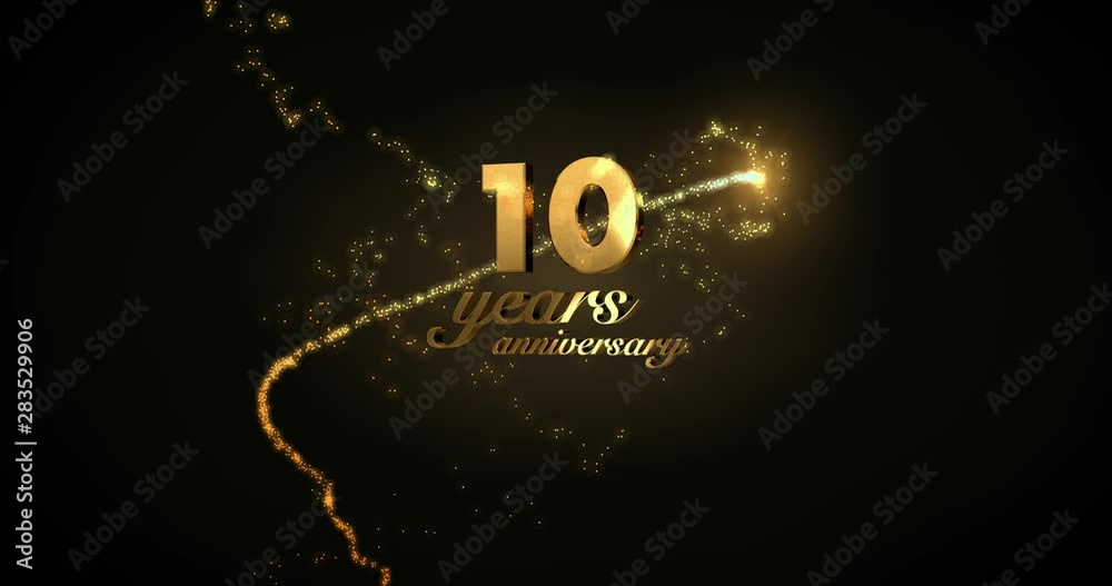 10 years anniversary motion graphic 4K footage with golden sparkling trail, particles and number. Background with alpha channel