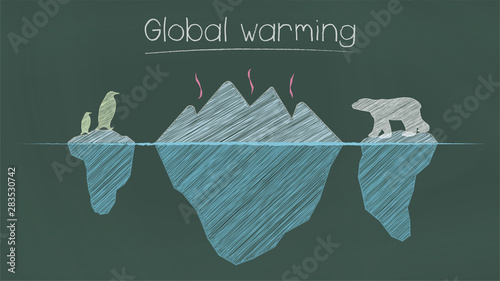 Global warming illustration in chalkboard style. Melting iceberg, penguin and bear.