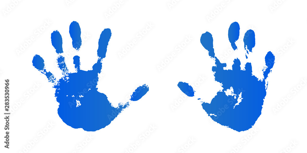 Hand paint print set, isolated white background. Blue human palm and fingers. Abstract art design, symbol identity people. Silhouette child, kid, people handprint. Grunge texture. Vector illustration Hand paint print set, isolated white background. Blue human palm and fingers. Abstract art design, symbol identity people. Silhouette child, kid, people handprint. Grunge texture. Vector illustration