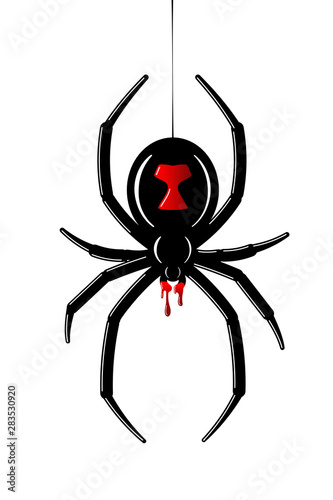Spider Black Widow. Red black bug spider 3D, isolated white background. Scary Halloween redblack icon, symbol horror, animal arachnid, creepy dangerous insect, arachnophobia fear. Vector illustration photo