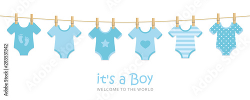 its a boy welcome greeting card for childbirth with hanging baby bodysuits vector illustration EPS10