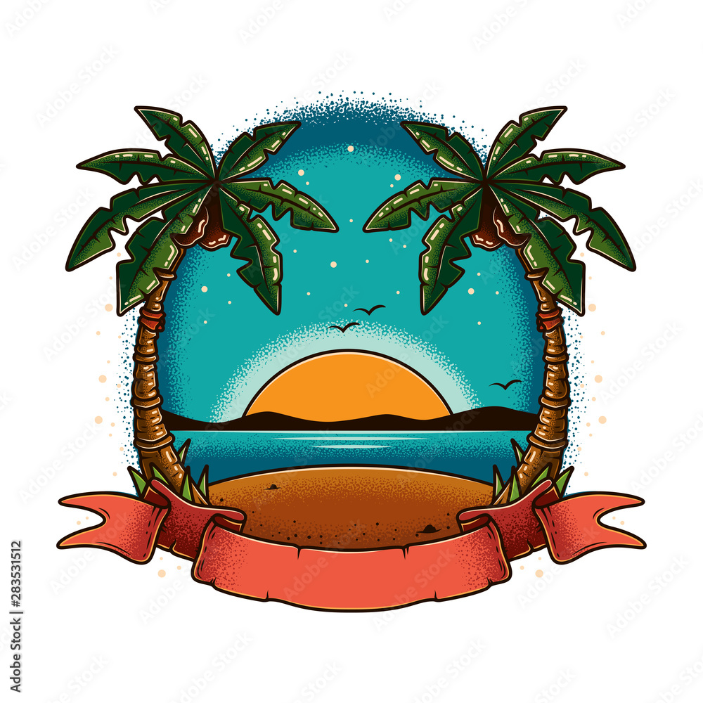 Original vector illustration in vintage style. Summer landscape, beach with palm trees on the shore, against the sea