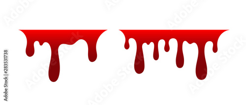 Blood drip set. Drop blood isloated white background. Happy Halloween decoration design. Red splatter stain splash spot, horror blot. Bleeding bloodstain scare texture Liquid paint. Vector illustraton