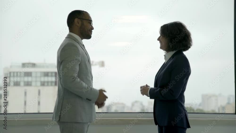 Cheerful colleagues shaking hands near office window. Young people wearing formal suits meeting near window. Business handshake concept