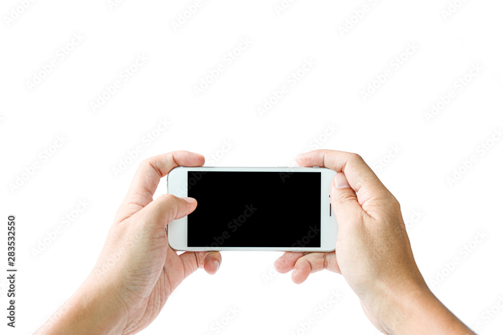 Man hand holding white smartphone with black blank screen. Isolated on white background photo. Man hand holding white smartphone with black blank screen. Isolated on white background photo.