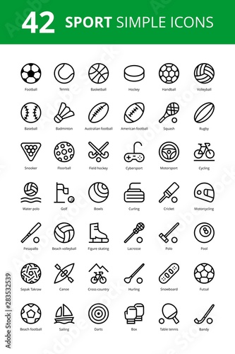 42 Sport simple outline vector icons with football, hockey, soccer, rugby, tennis, moto, bike, baseball and others