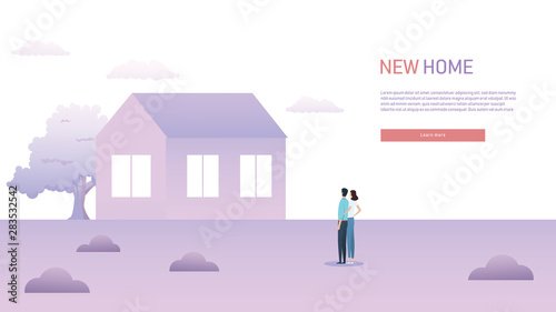 New home, new house owners vector concept with couple looking at new house. Mortgage, loan advertisement and promotion.