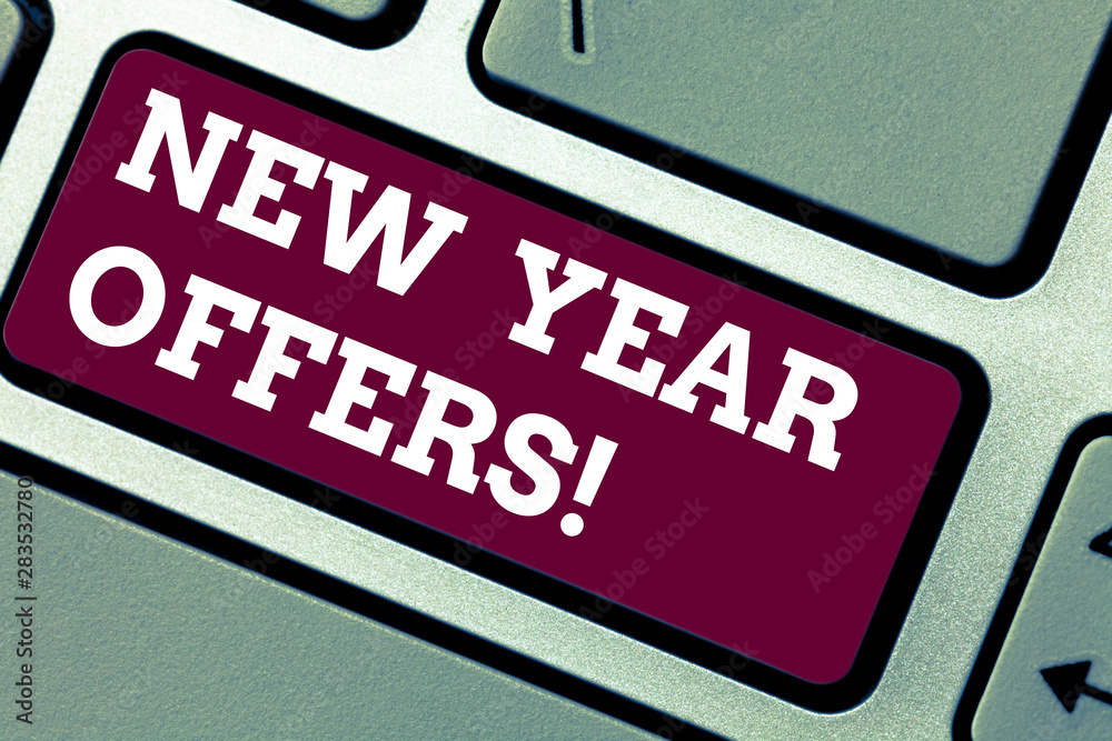 Writing note showing New Year Offers. Business photo showcasing Final holiday season discounts price reductions sales Keyboard key Intention to create computer message pressing keypad idea Writing note showing New Year Offers. Business photo showcasing Final holiday season discounts price reductions sales Keyboard key Intention to create computer message pressing keypad idea