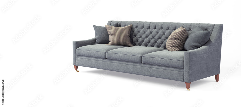 © olgaarkhipenko - Modern scandinavian classic gray sofa with legs with pillows on isolated white background. Furniture, interior object, stylish sofa © olgaarkhipenko - Modern scandinavian classic gray sofa with legs with pillows on isolated white background. Furniture, interior object, stylish sofa