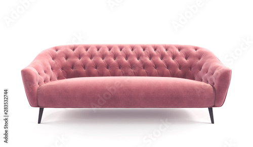 Modern fashionable stylish pink sofa with carriage stitch, buttons, with legs on isolated white background. Furniture, interior object, stylish sofa. Romantic female sofa photo