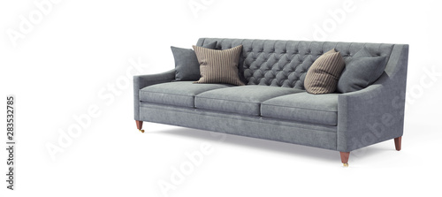 Modern scandinavian classic gray sofa with legs with pillows on isolated white background. Furniture, interior object, stylish sofa photo