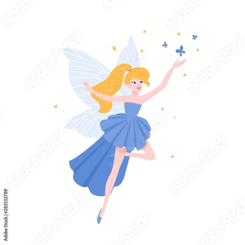 Flying fairy in gorgeous elegant gown isolated on white background