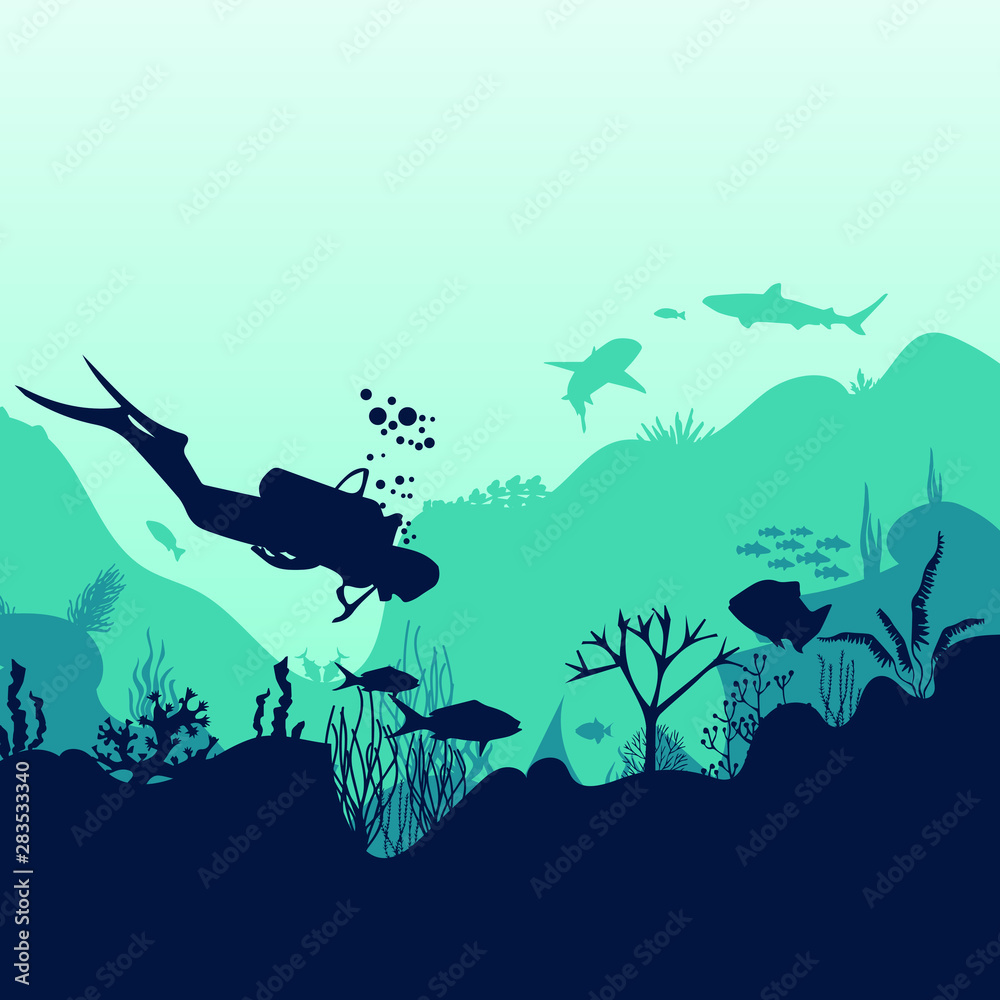 Obraz premium Silhouette of fish and algae on the background of reefs. Underwater ocean scene. Deep blue water, coral reef and underwater plants. a beautiful underwater scene; a vector seascape with reef.