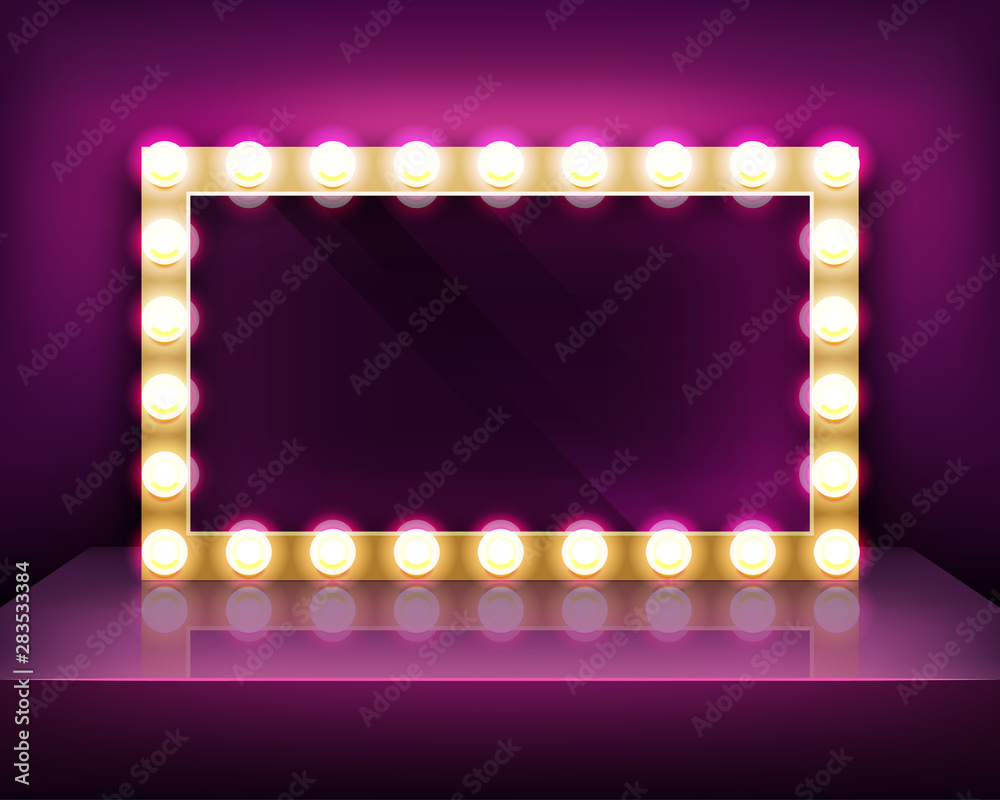 Gold signboard or makeup mirror frame with light bulbs template