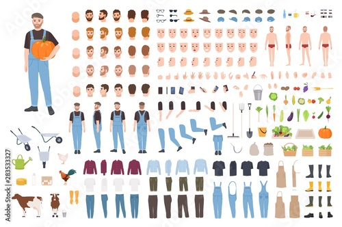 Farmer or agricultural worker avatar set or DIY kit. Bundle of male character body parts, clothes, emotions, working tools, vegetables isolated on white background. Flat cartoon vector illustration.