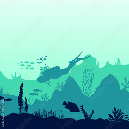 Silhouette of fish and algae on the background of reefs. Underwater ocean scene. Deep blue water  coral reef and underwater plants. a beautiful underwater scene  a vector seascape with reef.