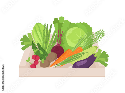 Ripe organic vegetables in wooden box isolated on white background