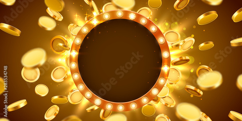 Casino lamp frame with gold realistic 3d coins background.