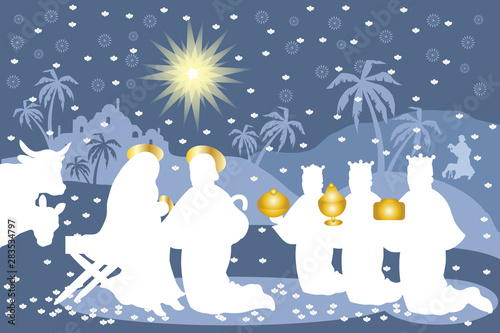 Nativity scene of Jesus under the snow with the magi offering the gifts