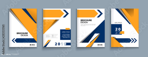 Brochure, cover design, heading. Abstract composition, infographic, flyer font. Modern vector of the first page of art. Blue, orange triangles and arrow design.Business card set. Quote figure sign, a4