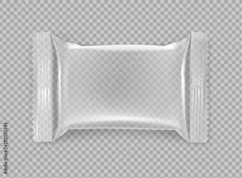 Transparent flow packaging mockup. Vector illustration isolated on transparent background. Can be use for your design, promo, adv and etc. Possibility for food, pharmaceutical, cosmetic. EPS10.