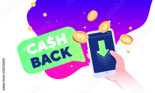 cash back text with phone in hand and gold dollar coins