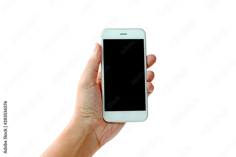 Man hand holding white smartphone with black blank screen. Isolated on white background photo. Man hand holding white smartphone with black blank screen. Isolated on white background photo.
