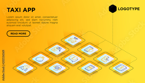Taxi app web page template with thin line isometric icons: payment method, promocode, app settings, info, support service, phone number, location, airport transfer, baby seat. Vector illustration.