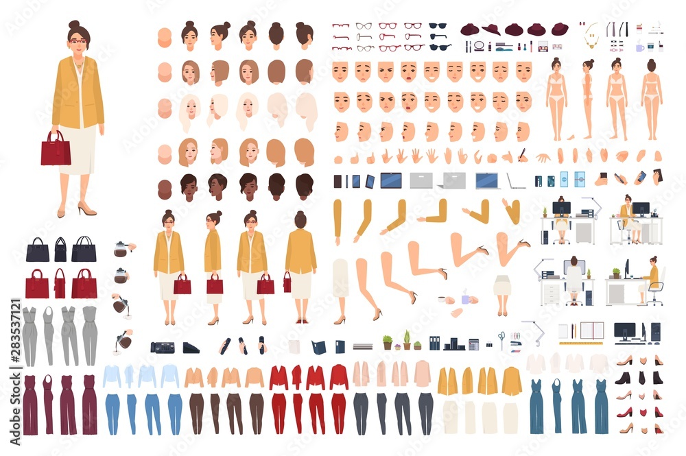 Female office assistant avatar set or DIY kit. Bundle of woman's body parts, gestures, poses, formal clothes isolated on white background. Front, side and back views. Flat cartoon vector illustration. Female office assistant avatar set or DIY kit. Bundle of woman's body parts, gestures, poses, formal clothes isolated on white background. Front, side and back views. Flat cartoon vector illustration.