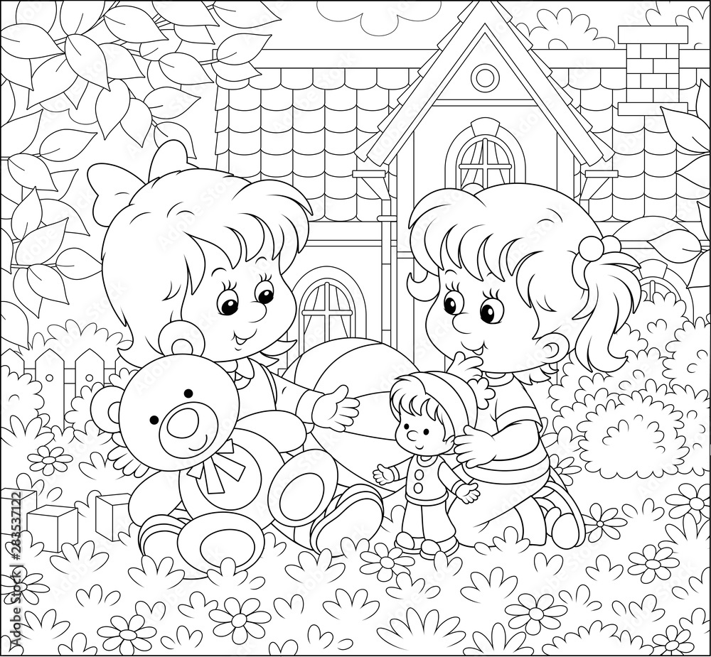 Small girls playing with toys among flowers on a front lawn of their house on a sunny summer day, black and white vector illustration in a cartoon style for a coloring book