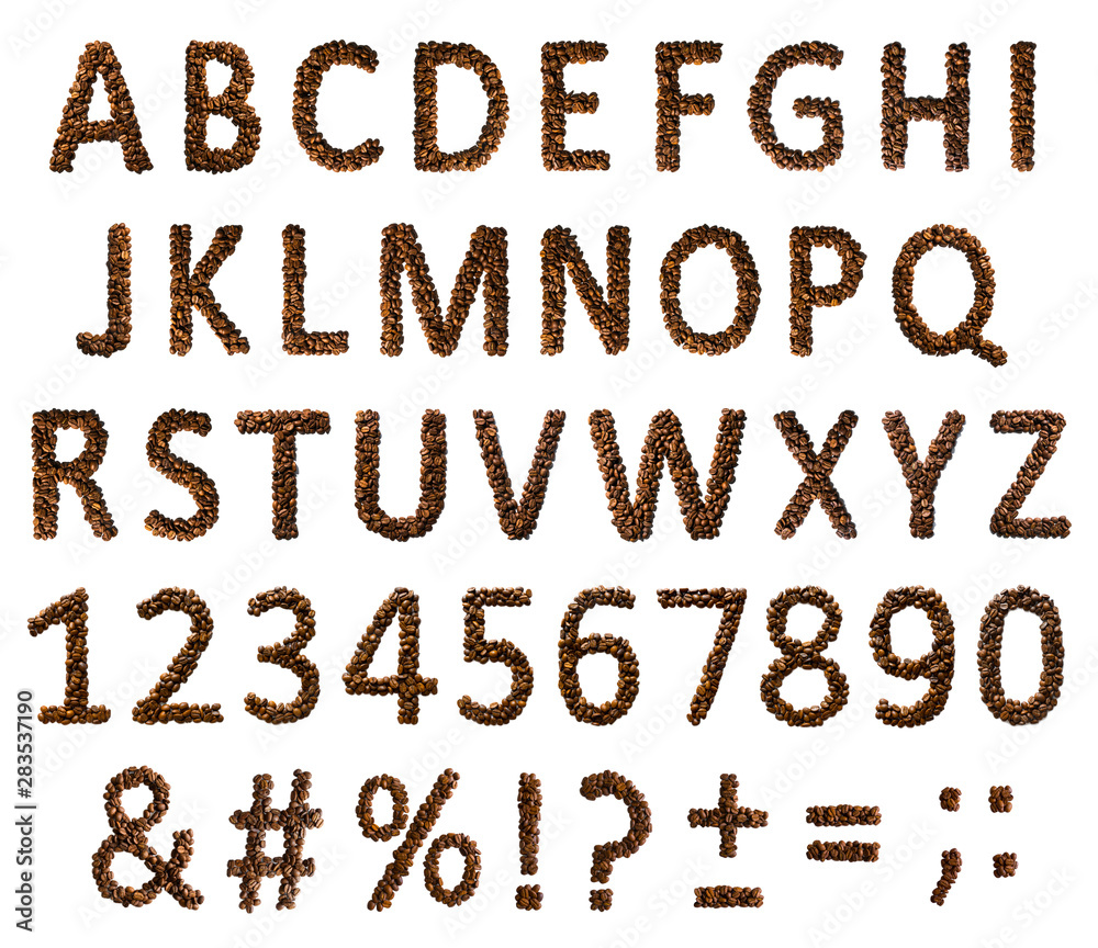 Concept of alphabet, numbers and signs laid out of roasted aromatic coffee beans isolated on a white background. Concept of alphabet, numbers and signs laid out of roasted aromatic coffee beans isolated on a white background.