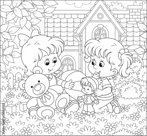 Small girls playing with toys among flowers on a front lawn of their house on a sunny summer day, black and white vector illustration in a cartoon style for a coloring book