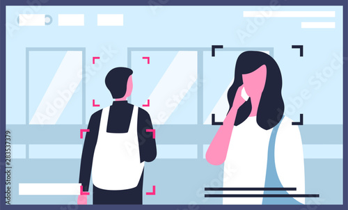 Video from surveillance or CCTV cameras installed on city street with man and woman talking on smartphone