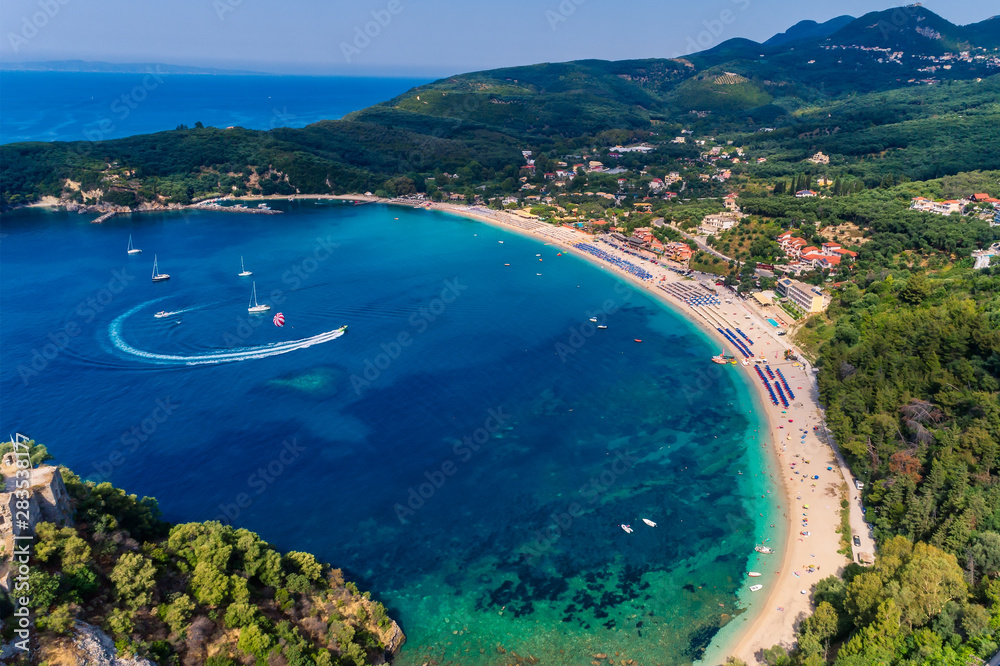 Fototapeta premium Aerial view of valtos beach in Parga Epirus, Greece, Europe.