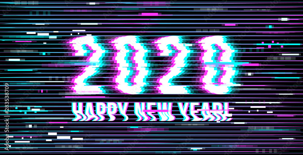 Happy New Year 2020. inscription in a distorted glitch style on a black background. Design element for event advertising, branding, shares, promotion. Vector illustration. Happy New Year 2020. inscription in a distorted glitch style on a black background. Design element for event advertising, branding, shares, promotion. Vector illustration.