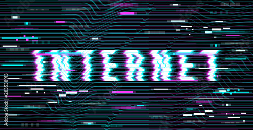 Internet word in a distorted glitch style on a black background. Design element for event advertising, branding, shares, promotion. Vector illustration.
