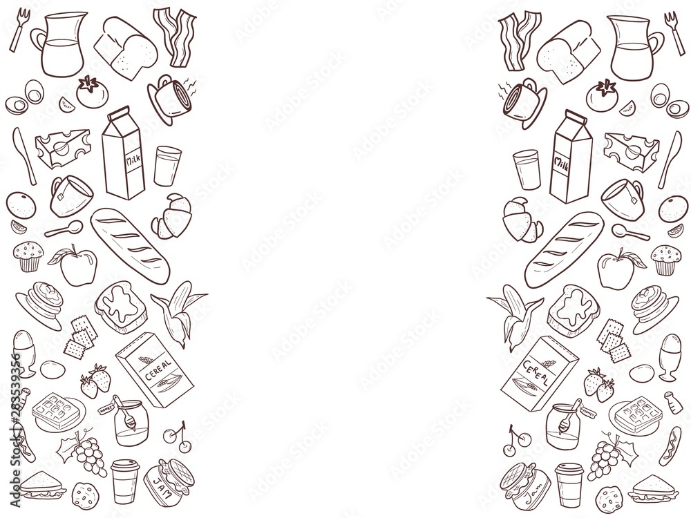Hand draw breakfast set in dark brown color on white background split in to side way. In the middle has blank space, Set are milk, bread, coffee, tea, fruits, cereal, bacon, jam, honey. Hand draw breakfast set in dark brown color on white background split in to side way. In the middle has blank space, Set are milk, bread, coffee, tea, fruits, cereal, bacon, jam, honey.