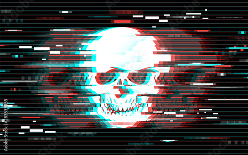 Illustration of skull in glitch art style. Design element for event advertising, branding, shares, promotion. Vector illustration.