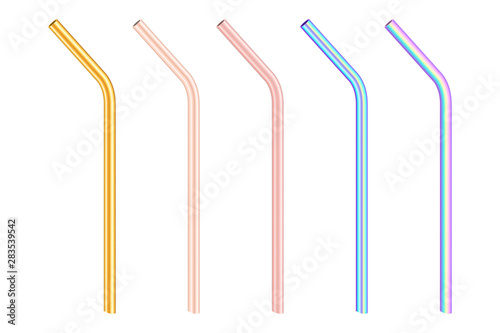 gold and colorful colored metal reusable bending drinking straws as alternative replacement to disposable plastic and paper tubes for vip party or day of birth  stock vector illustration 3d objects