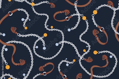 Elegant seamless pattern with stylish silver and golden chain belts decorated by charms and leather tassels on black background