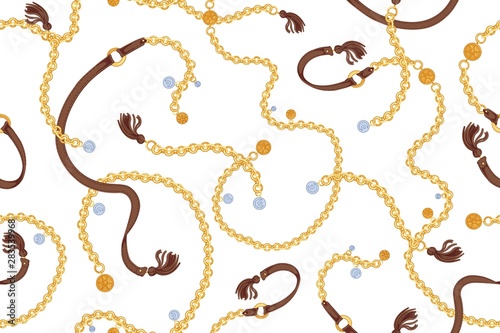 Stylish seamless pattern with luxury golden chain belts decorated by charms and leather tassels on white background
