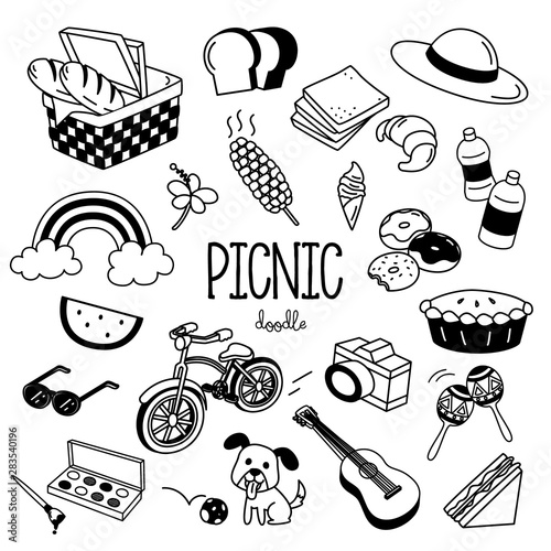 Hand drawing styles picnic items. Picnic doodle.