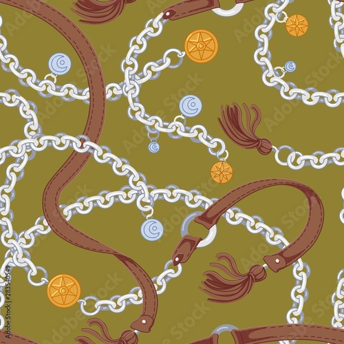 Vintage seamless pattern with fancy silver chain belts decorated by coin charms and leather tassels on green background. Realistic vector illustration for wrapping paper, fabric print, wallpaper.